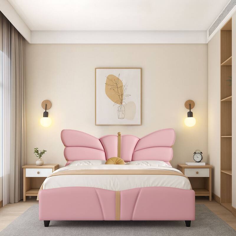 Stylish PU Leather Upholstered Platform Bed - No Box Spring Needed - Light Pink - Full