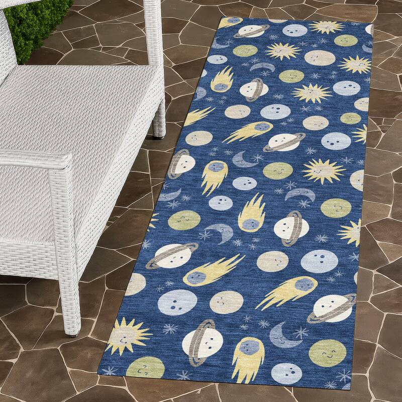 Machine Washable Indoor/ Outdoor Planets Comets Chantille Rug - Navy - 2'3" x 7'6"