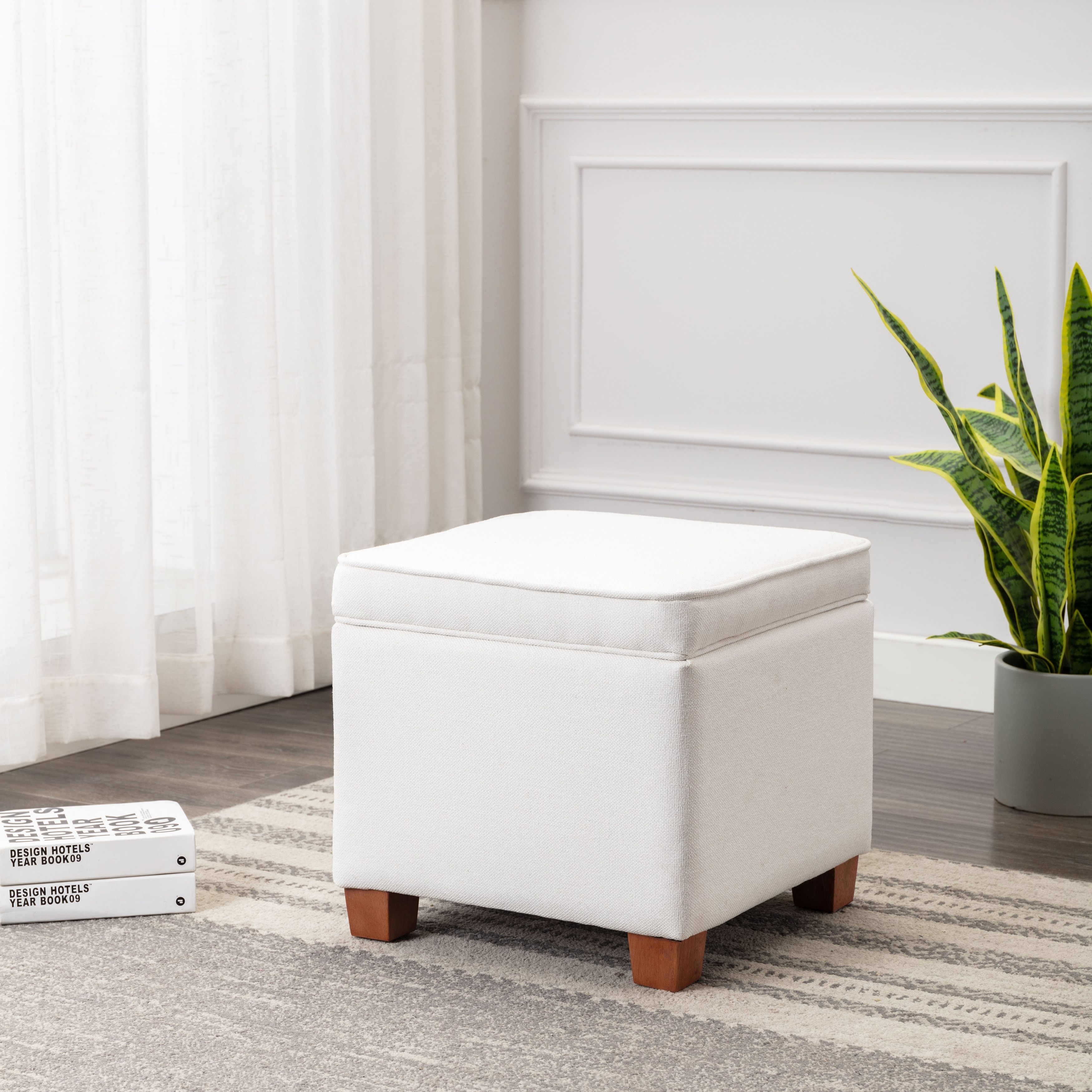 WOVENBYRD 17.5-Inch Storage Ottoman with Accent Piping and Lift Off Lid Cream