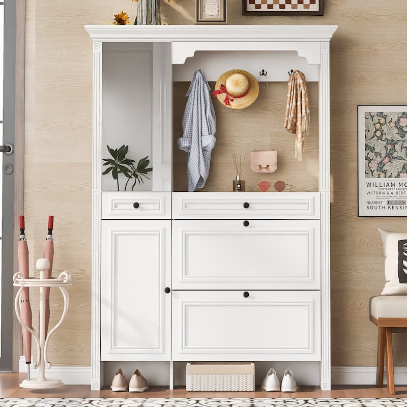 54.7" Hall Tree with Integrated Shoe Cabinet and Mirrored Cabinet Door