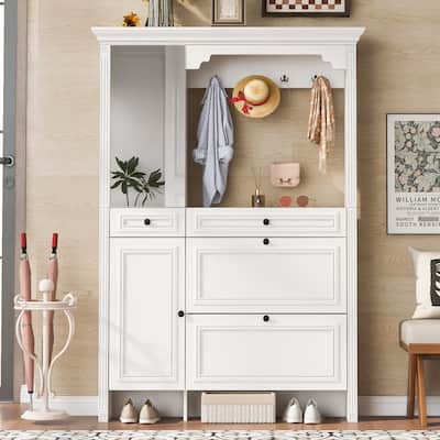 54.7"L Hall Tree with Integrated Shoe Cabinet and Mirrored Cabinet Door