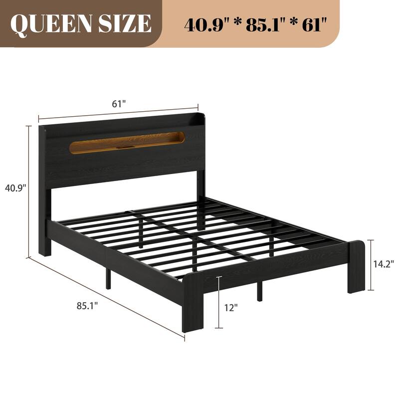 Wood Bed, Low Profile Platform Bed Frame with Storage Headboard Built-in LED Light and Charging Station