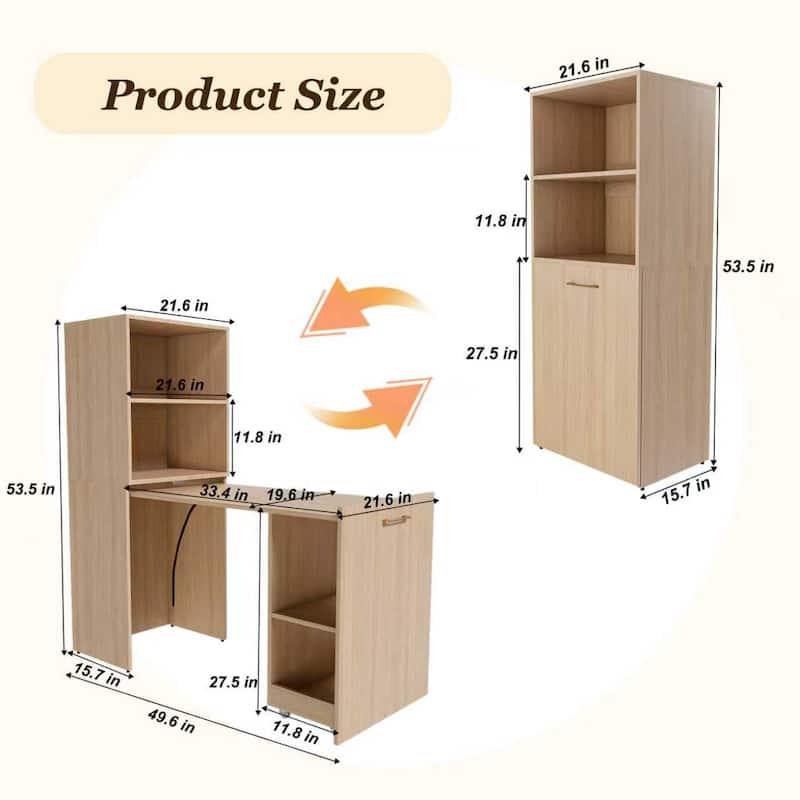 Burlywood Foldable Desk with Wheels, Office Desk with Storage for Small Spaces