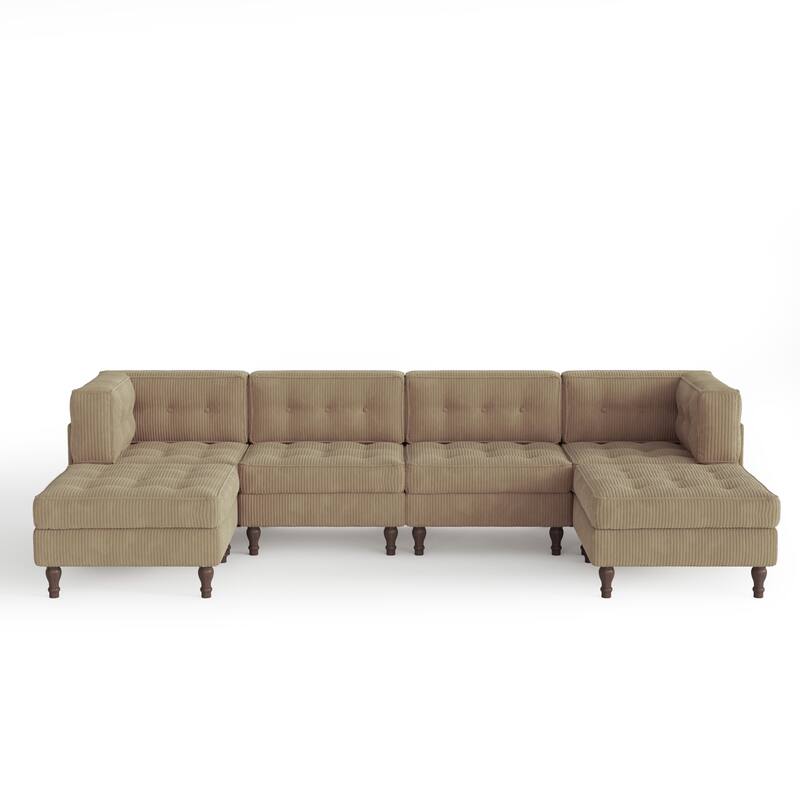130"W Corduroy Upholstered Modular Sectional Sofa with Storage Ottoman