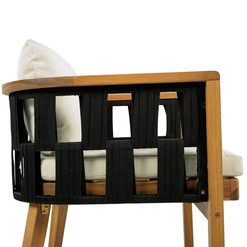 Christopher Knight Home Marrick Patio Acacia Wood Dining Chair with Cream Cushion and Black Flat Rope