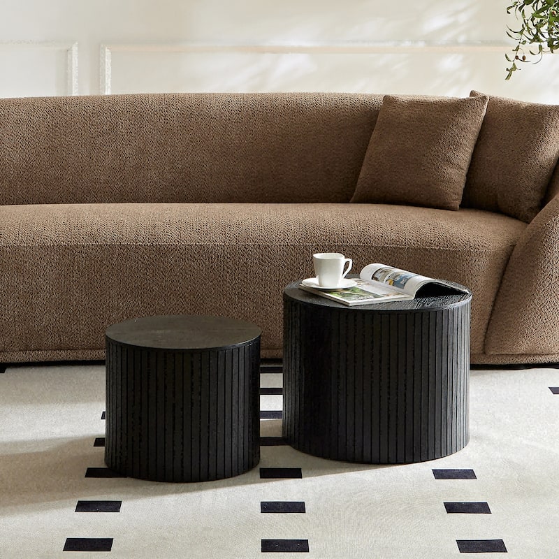 Set of 2 Round Nesting Tables, Vertical Stripe Coffee Table Sets with Hidden Storage and Disassembled Tabletop
