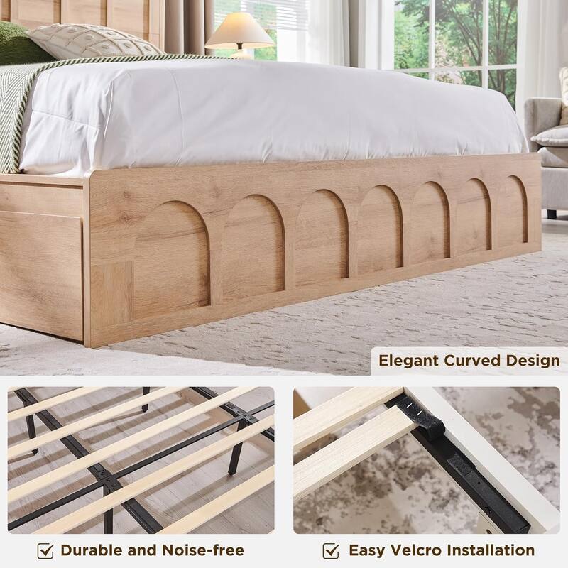 Modern King Size Bed Frame, 52" Tall Arched Recessed Headboard