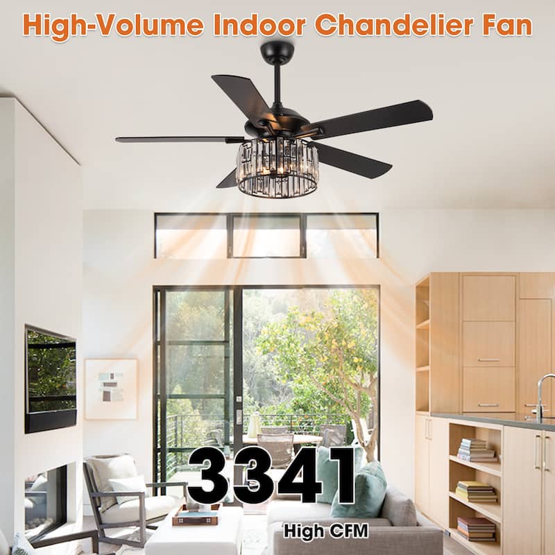 52" Black Wood Modern Crystal Indoor Ceiling Fan Chandelier with Remote