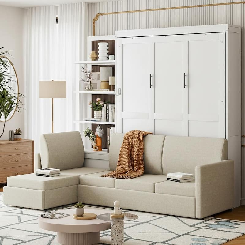 Convertible Queen Murphy Wall Bed with Sectional Sofa & 4-Tier Bookcase by Harper&Bright Designs - White