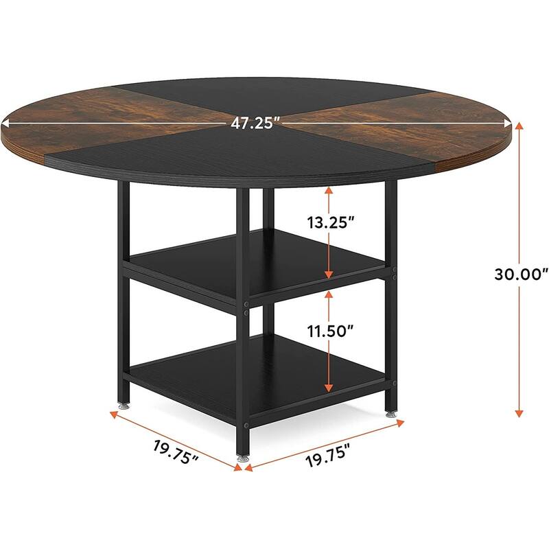 Dining Table with Storage Shelves for 4 People, Rustic Color Contrast Kitchen Table