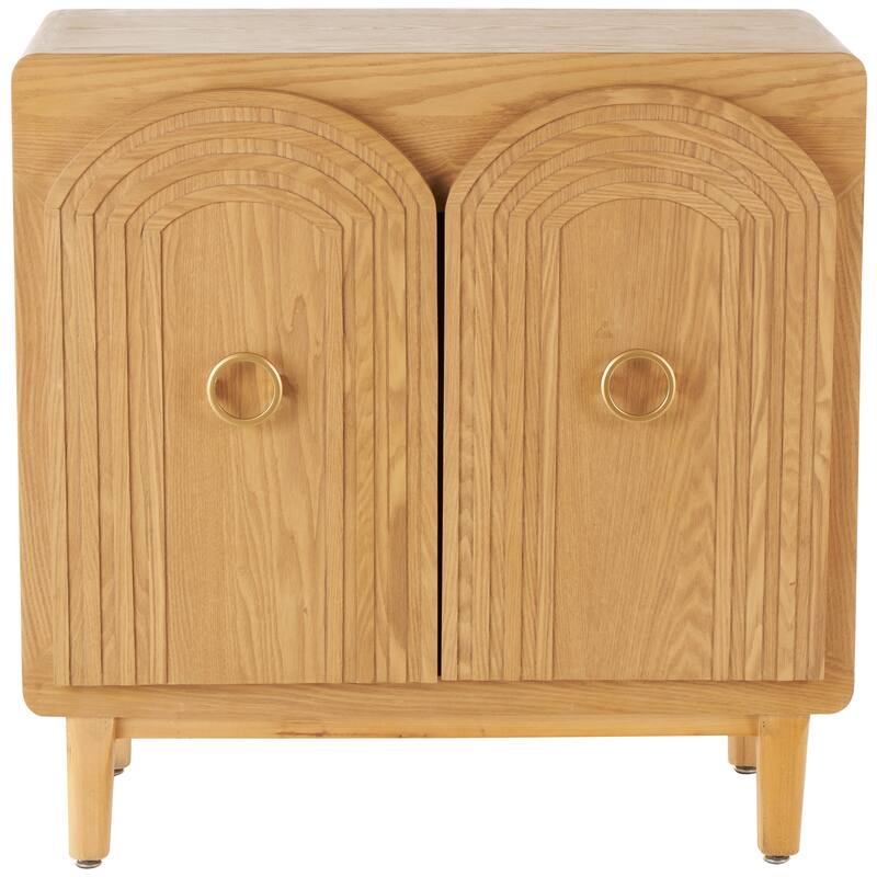Brown Wooden Art Deco Inspired Carved Arch 2 Door Geometric Cabinet with Gold Ring Handles