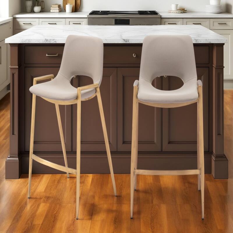 Set of 2 Faux Leather Low Back Chairs with Steel Frame and Footrest - Beige-Gold-26-Inch