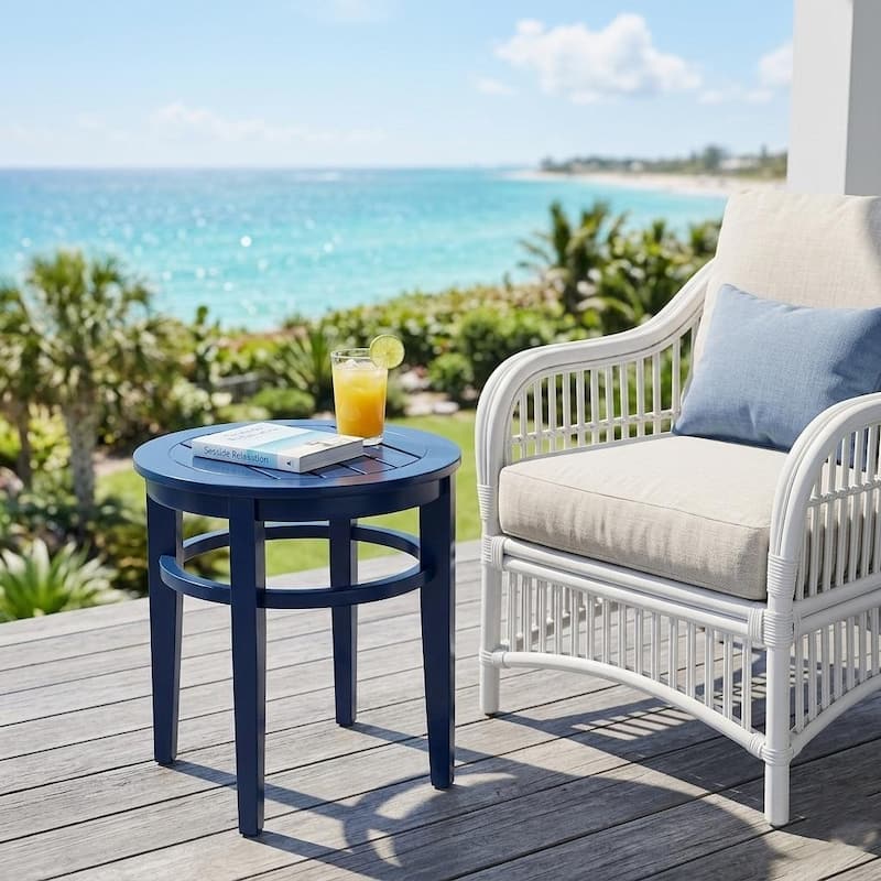 Coastal Navy Blue Side Table - Round Solid Wood Accent Table