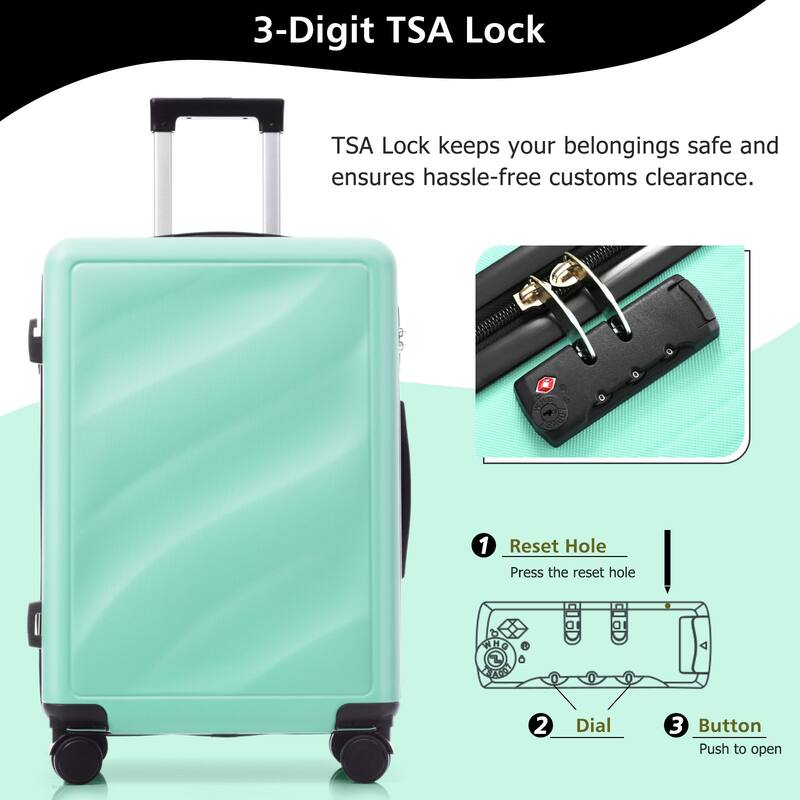 3-Piece, 20, 24, 28-Inch Modern Luggage Sets with Side Hooks and TSA Lock, for Boarding Travel, Green