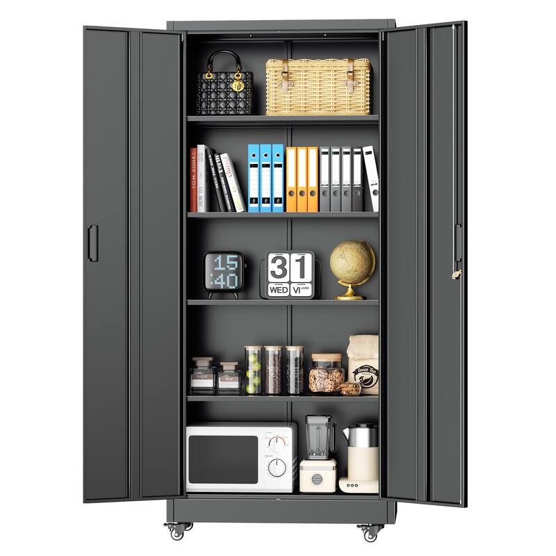 Tall Garage Storage Rolling Tool Cabinet with Locking Doors and Adjustable Shelves for Garage, Home Office, School - Black