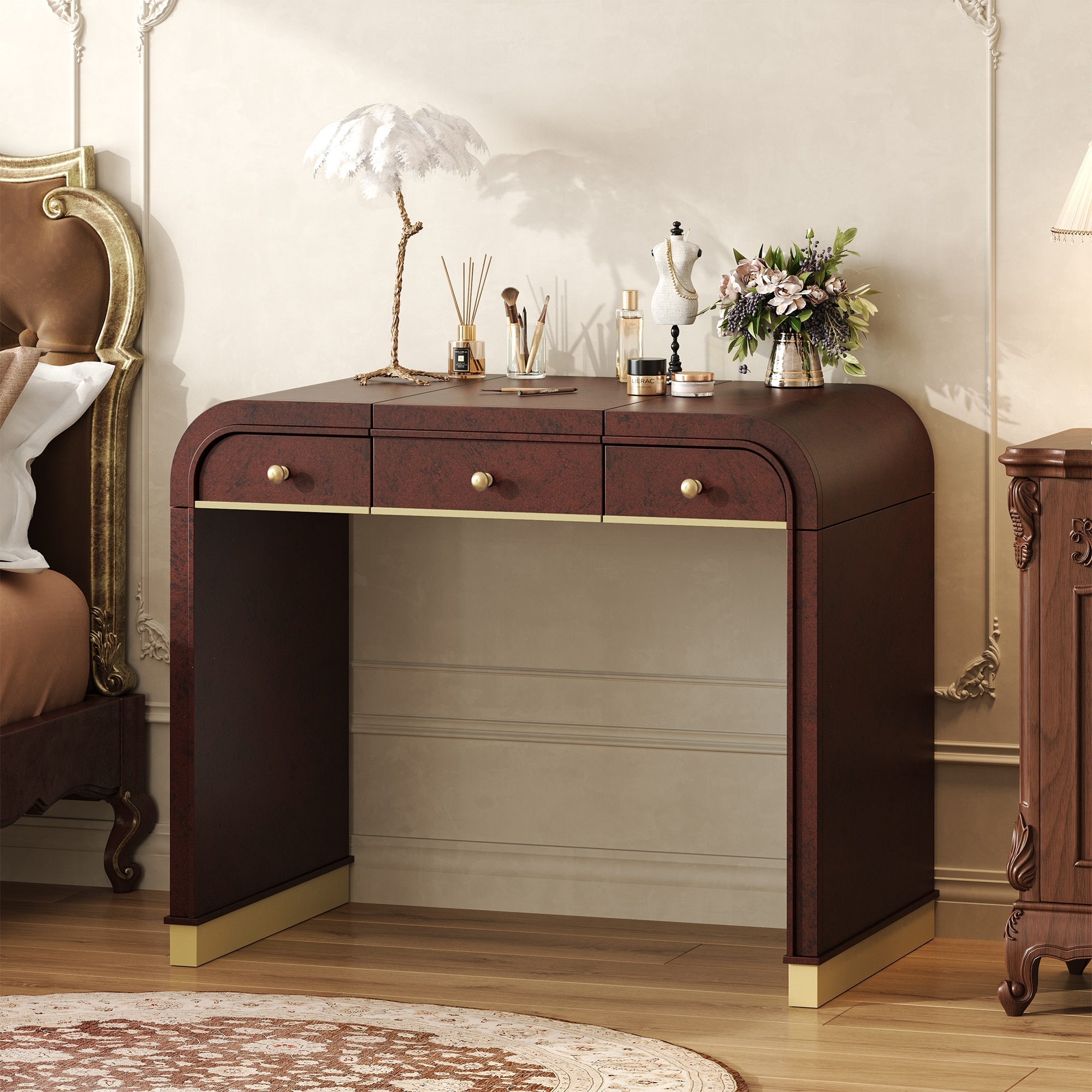 classic dressing table Wood Vanity Desk with Flip Mirror, 3-in-1 with 2 Drawers and Storage Space for Bedroom ensuring lasting beauty and CPSC Product 2018 women custom gold Color:Dusty BLUE Bedroom dressing