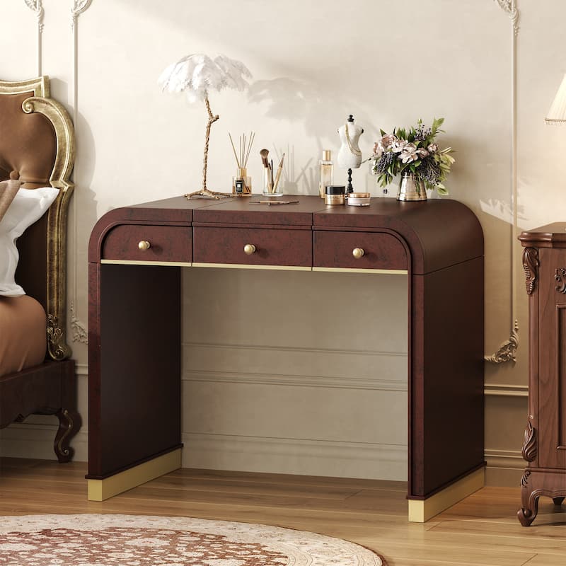 Classic Wood Vanity Desk with Flip Mirror, 3-in-1 Dressing Table with 2 Drawers