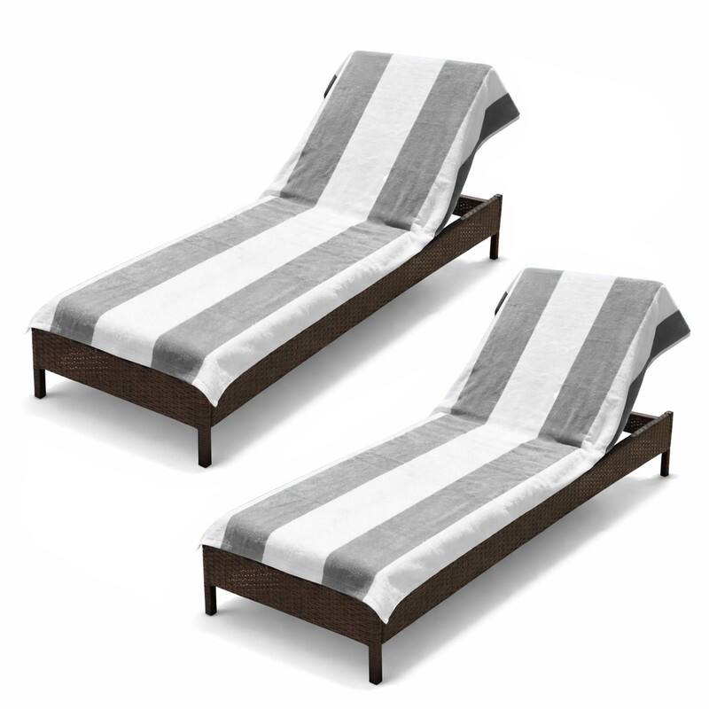 100% Cotton Cabana‑Stripe Lounge Chair Cover Terry Towel with Fitted Pocket & Back Flap Set of 2