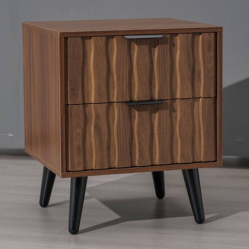 Mid-Century Modern Nightstand, Fluted End Table Drawer & Open Storage