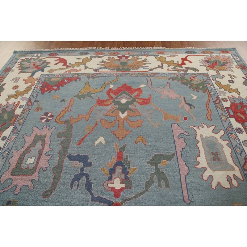 Floral Blue Oushak Oriental Area Rug Hand-Knotted Wool Carpet - 9'3" x 12'0"