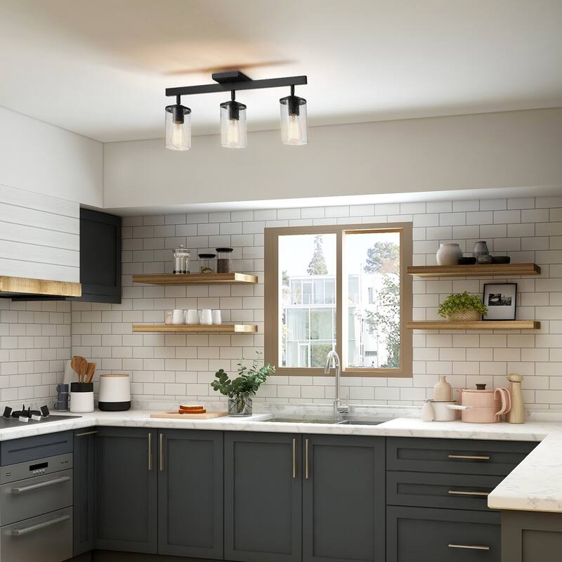 24" 3-Light Track Lighting, Matte Black, Seeded Glass Shades, Pivoting Track Heads - 4.7"