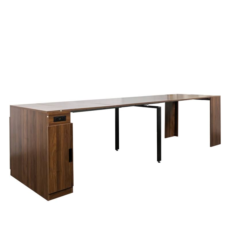 Modern Multifunctional Extendable Dining Table With Outlet,Space Saving Expanding Table With Storage