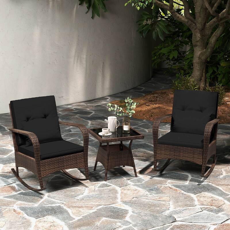 Costway 3 PCS Rocking Bistro Set with Removable Cushions & Tempered - See Details - Black