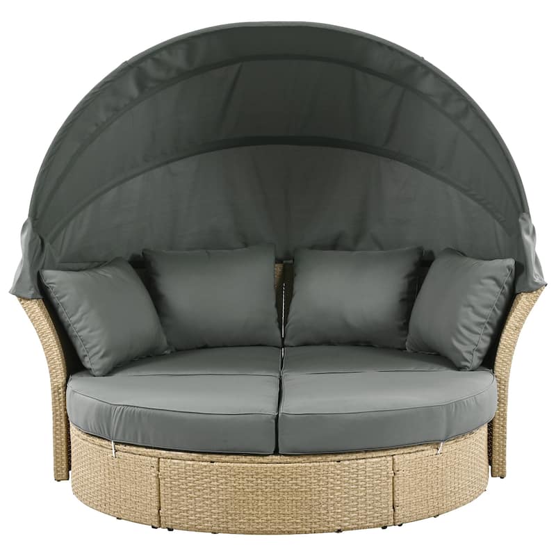 Outdoor Convertible Patio Daybed All Weather Wicker Rattan Round Sofa Furniture Set with Retractable Canopy - Grey