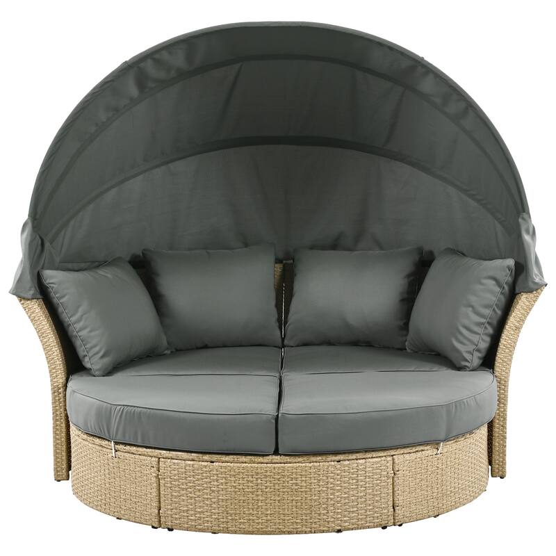 Outdoor Patio Daybed, Outdoor Furniture Set with Retractable Canopy, Patio Wicker Rattan Round Sofa with 4 Pillows