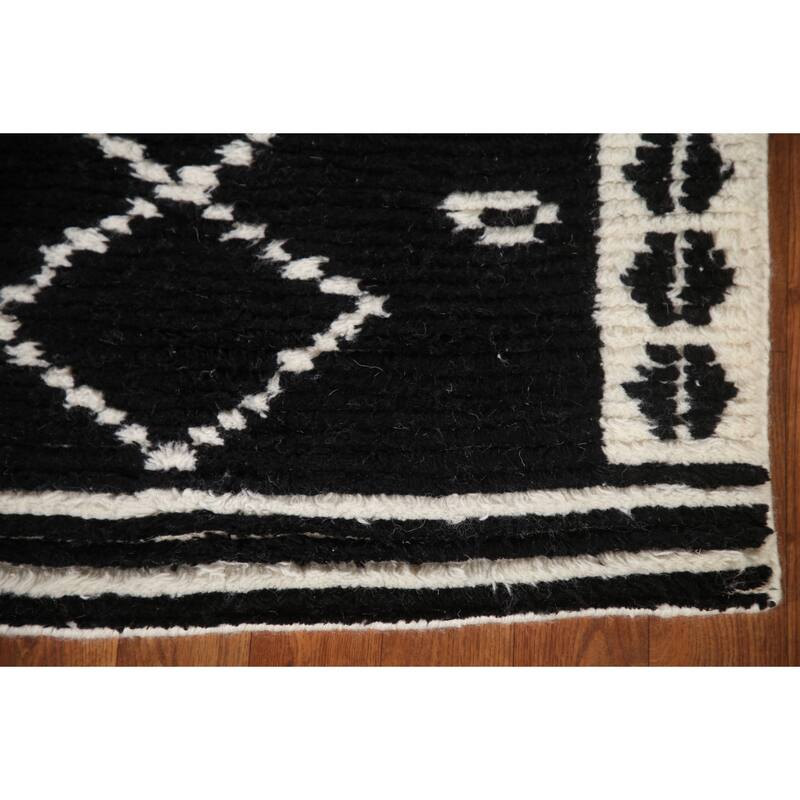 Black Plush Moroccan Indian Area Rug Hand-Knotted Wool Carpet - 5'2"x 8'1"