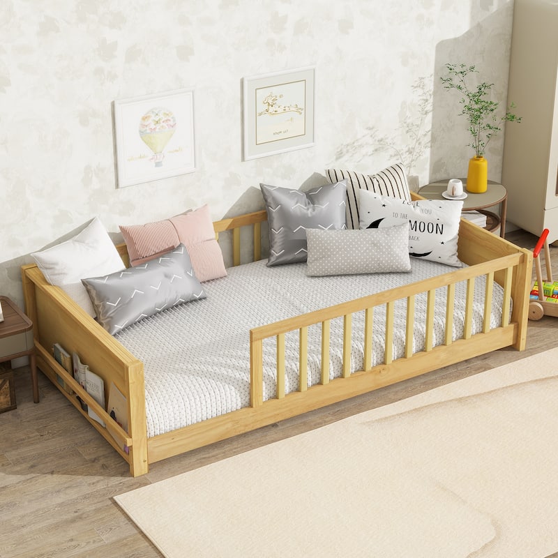 Twin Floor Bed with Built-in Bookcase Rubber Wood Low Profile Platform Bed