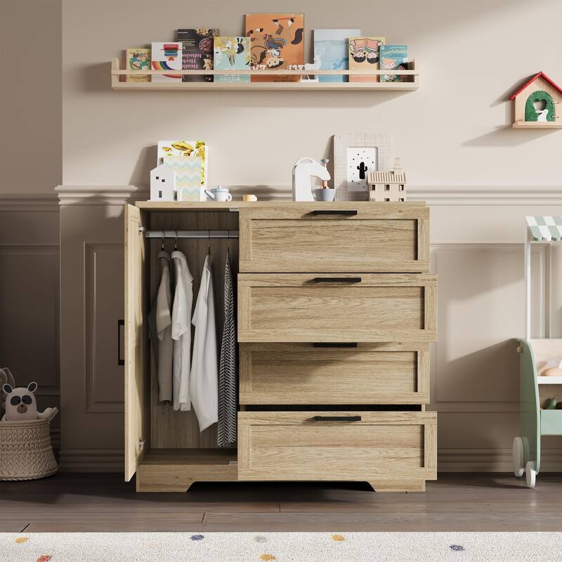 43.3'' Small Wardrobe Closet, Wardrobe Cabinet with Door, 4 Drawers and Handing Rod, Wooden Clothes Cabinet