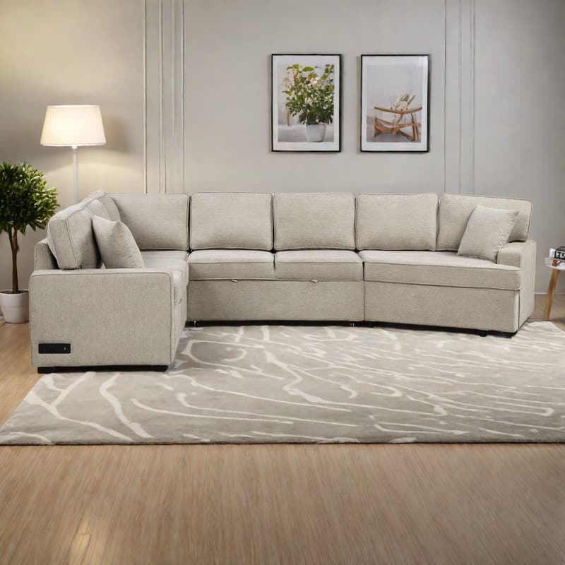 126" Chenille L-Shaped Sectional Sofa Bed with USB Charging and Drop-Down Bed - Beige