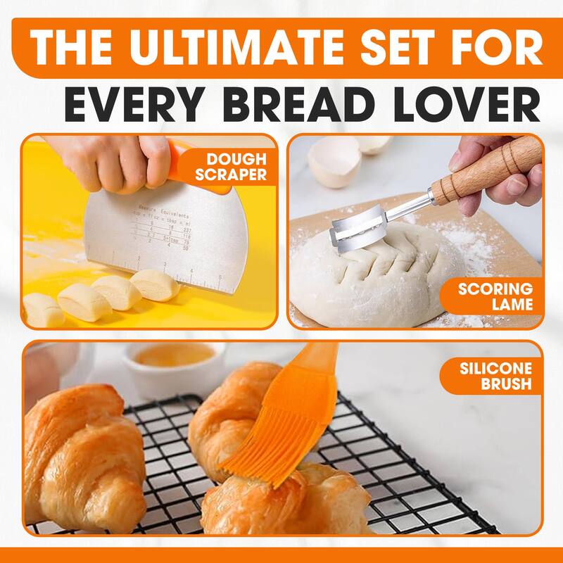Cheer Collection Complete Set of 2 Round Bread Proofing Basket with Essential Baking Tools - Set of 2