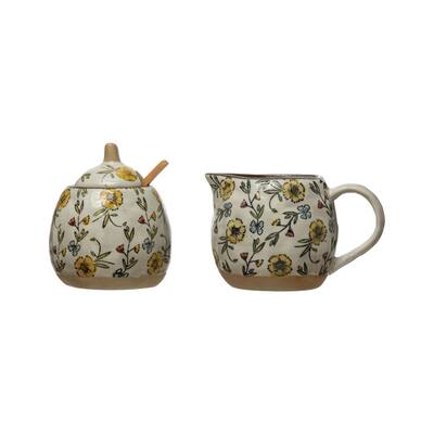 Hand-Painted Stoneware Sugar Pot with spoon and Lid - 9.0"L x 3.5"W x 4.4"H