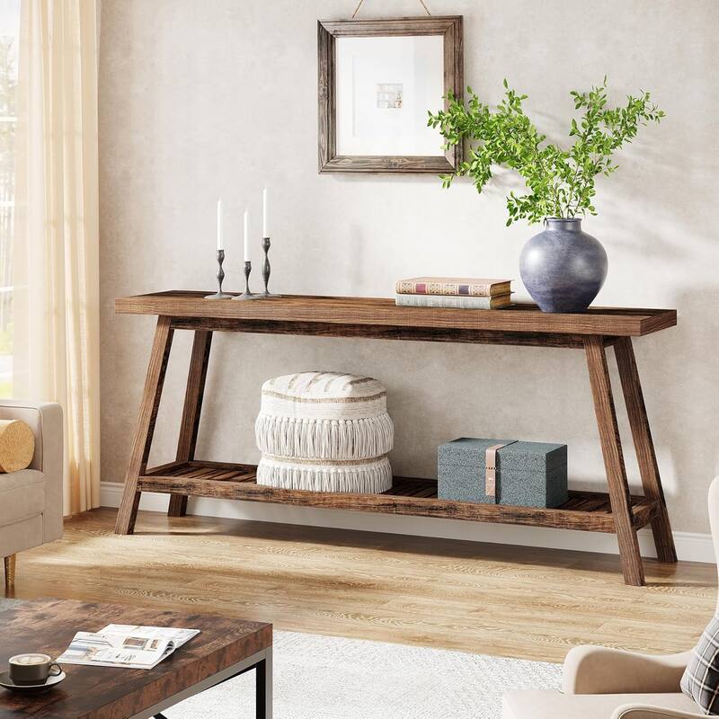 Farmhouse Console Entryway Table: 70.9 Inches Extra Long Console Table for Entryway, 2-Tier Narrow Wood Foyer Sofa Couch Table