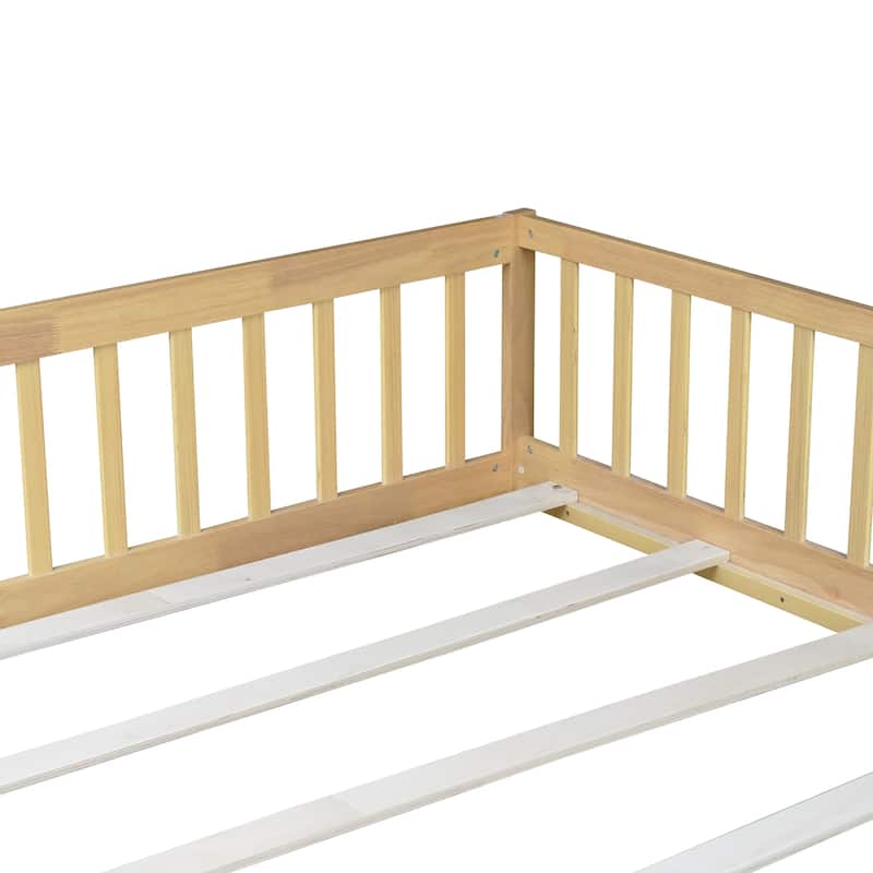 Queen Size Floor Bed with Fence,Door,Rubber Wood Floor Bed with Safety Guardrails