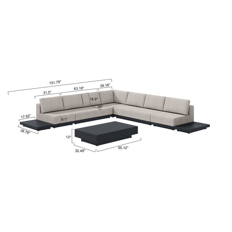 Oslo Aluminum Outdoor Upholstered Sectional Lounge Set- 8-Piece