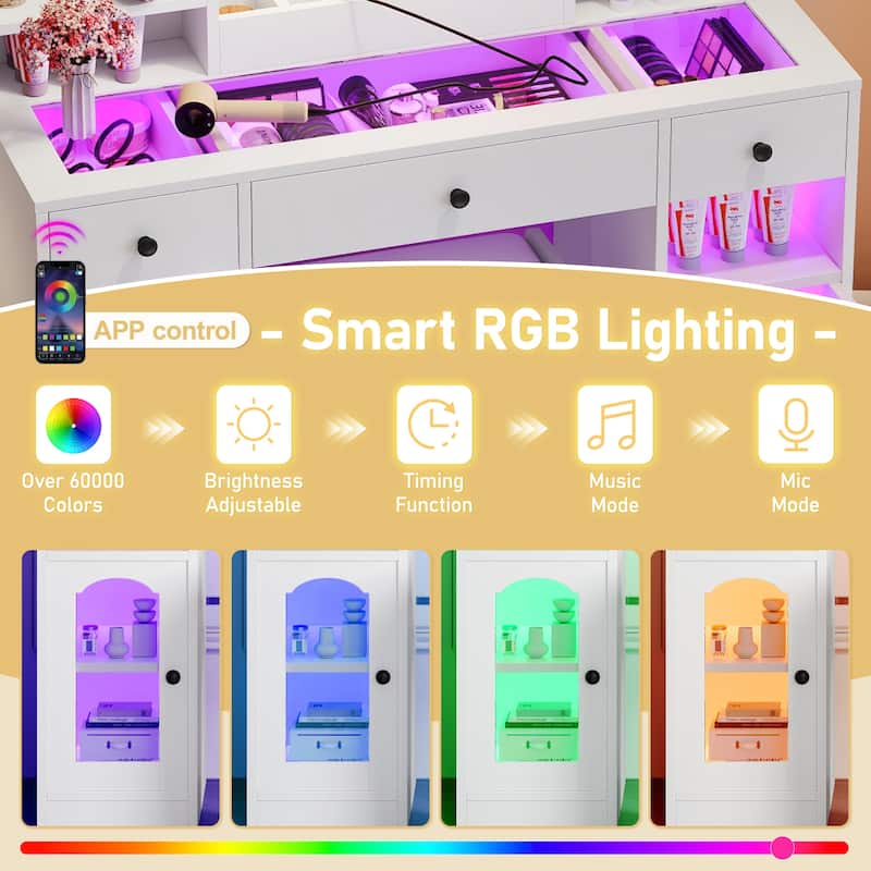 43" Glass Top Vanity Desk with LED Mirror & Stool, Modern Makeup Table with RGB Light Cabinets & 3 Drawers
