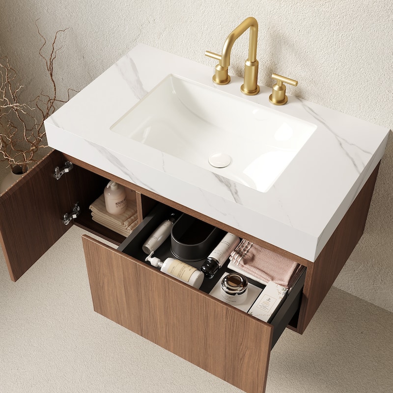 Floating Bathroom Vanity with Sintered Stone Top & Undermount Ceramic Basin with Three Pre-drilled Faucet Holes