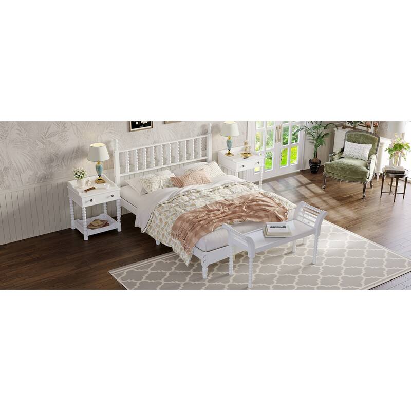 Queen Size Wood Platform Bed with Gourd Shaped Headboard, Retro Style, No Box Spring Needed, Sturdy Wooden Slats for Bedroom