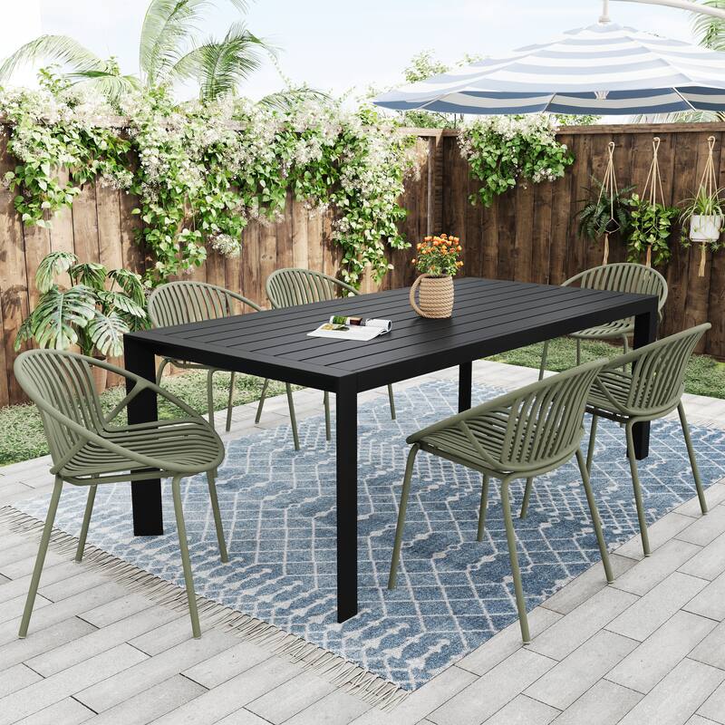 Christopher Knight Home - Lennox Plastic Chairs and Aluminum Table Outdoor 7 Piece Dining Set - Green+Black