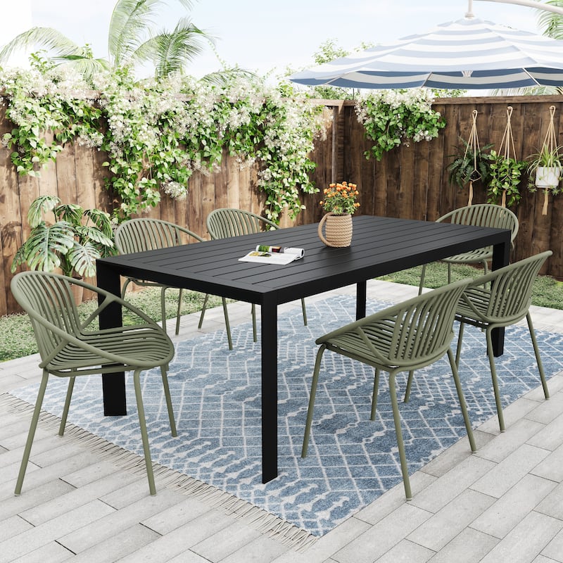 Roomfitters Outdoor Expandable Dining Set 7 Piece Acacia Wood Table Stackable Chairs