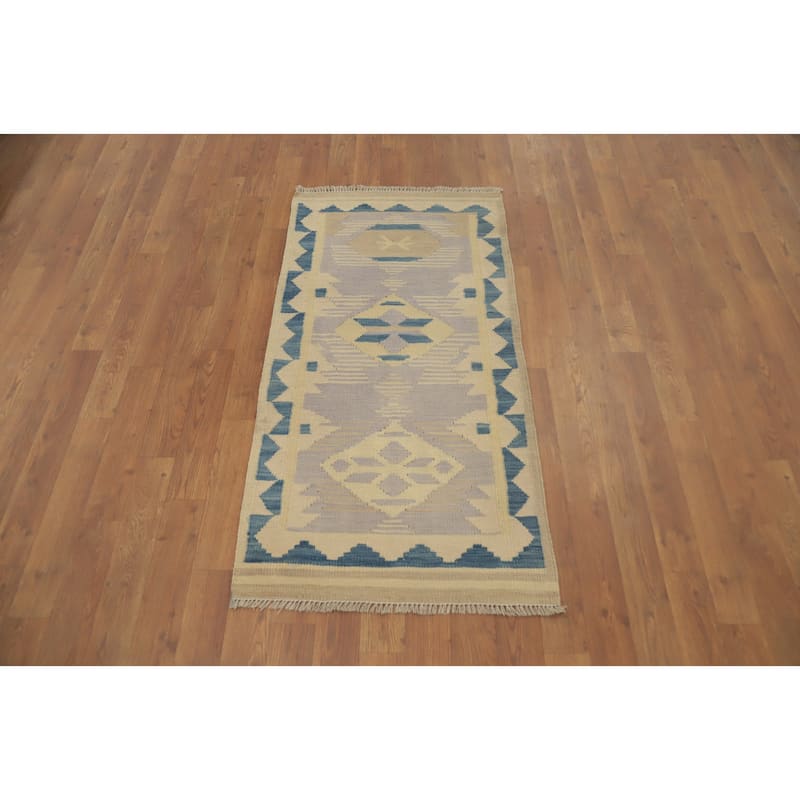 Hand Woven Oriental 100% Wool Carpet Southwestern Tribal Purples Kilim Area Rug - 4' 0'' X 2' 0''