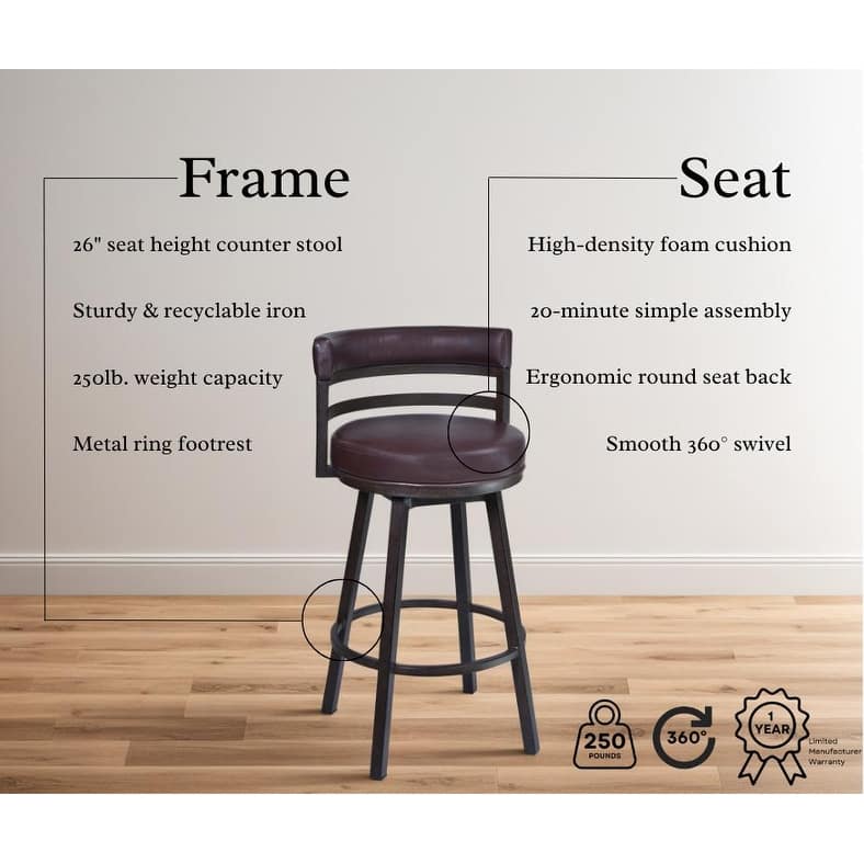 Titana Upholstered Faux Leather and Metal 26" Swivel Counter Stool