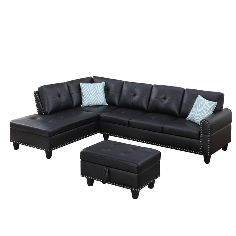 Faux Leather L-Shaped Sectional Sofa with Ottoman&Storage,4-Seater with Cup Holders