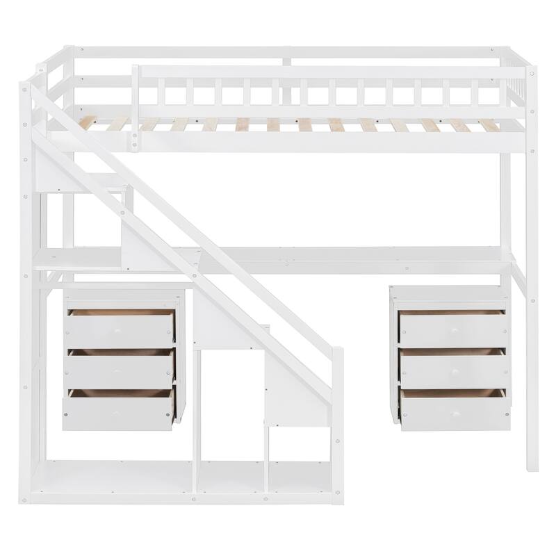 Roomfitters Twin/Full Size Loft Bed with Desk, Two Chests of Storage Drawers and Lighting