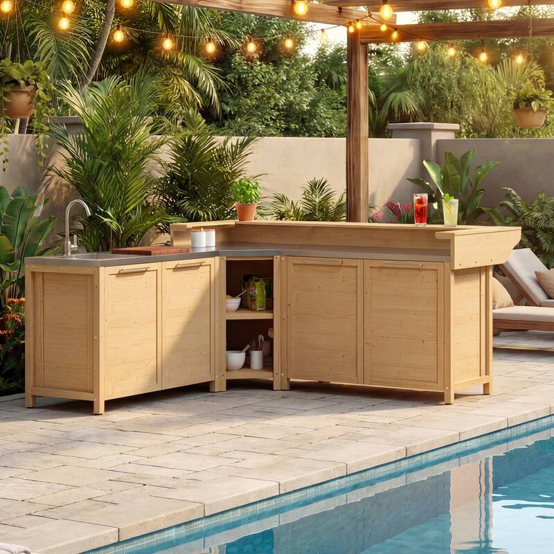 Modular Outdoor Kitchen Island Set, 100% Solid Wood BBQ Cabinet , Patio Kitchen Bar Table