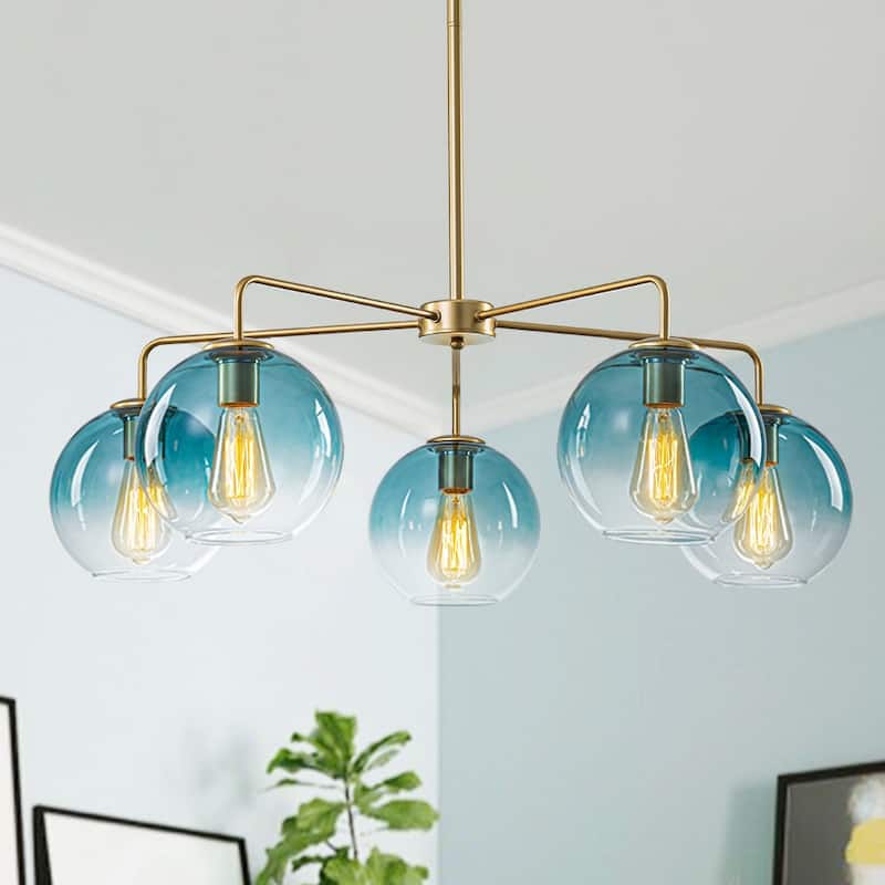 Mid-century 5-Light Glass Globe Bubble Round Chandelier - 35in Wide - Brass Finish + Blue Glass