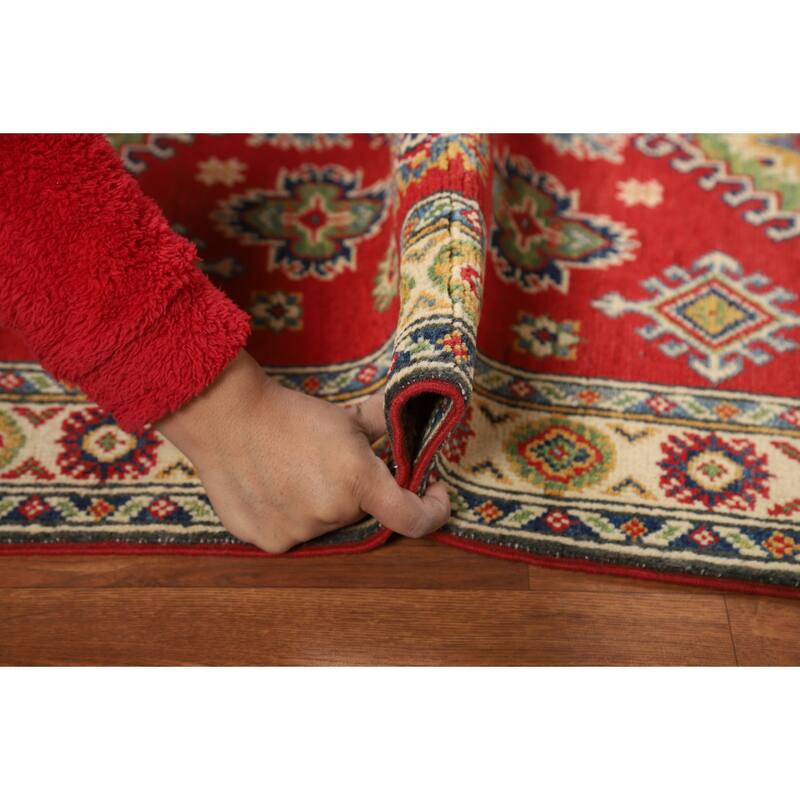 Red Kazak Foyer Rug Traditional Handmade Geometric Wool Carpet - 2'8"x 3'11"